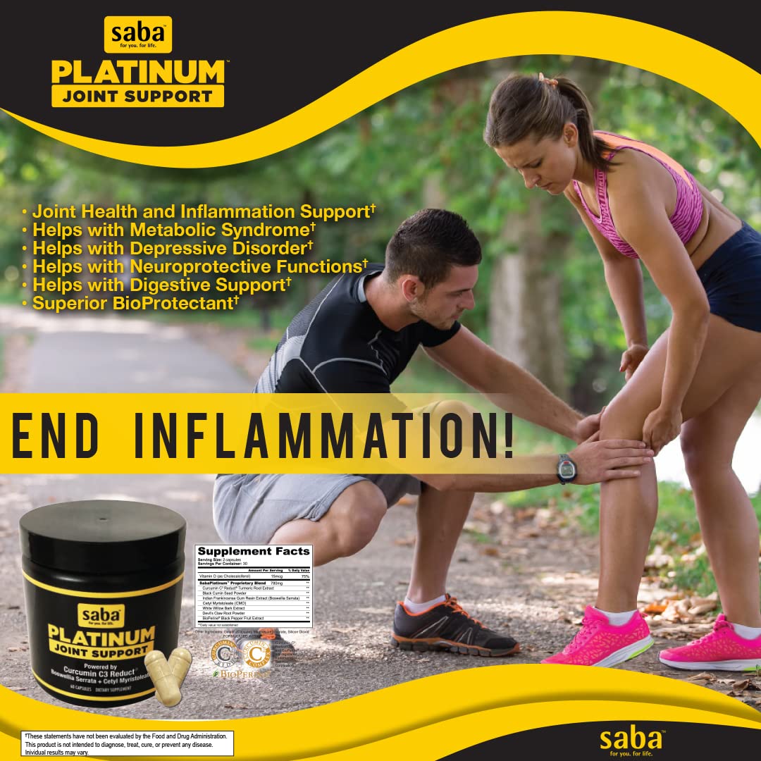 Saba Platinum Joint Support – High Absorption Curcumin C3 Reduct & Boswellia – Fast Acting Turmeric Supplement for Joint Pain Relief, Mobility & Healthy Inflammation Response – 60 Vegan Capsules Saba Au supplements