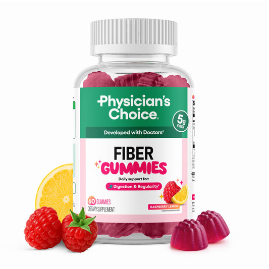 Physician’s Choice Fiber Gummies for Digestive Health & Regularity - Raspberry Lemon Flavor - No Sugar Added & Vegan - Natural Chicory Root Prebiotic Fiber Physician's CHOICENZ supplements