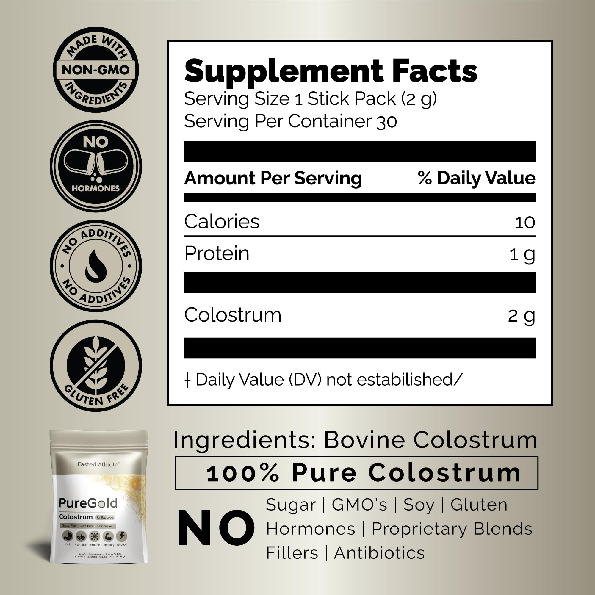 PureGold - Bovine Colostrum Powder - 100% Pure New Zealand Grass Fed, Supports Gut Health, Skin, Hair, & Immunity – Colostrum Supplement, Unflavored, 30 Travel Packets Fasted Athlete Au supplements