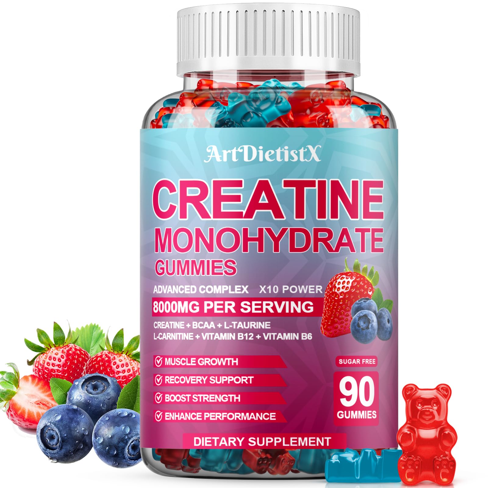 Creatine Monohydrate 8000mg Gummies with BCAA, L-Carnitine, Taurine & Vitamin B12 - Pre Workout Supplement for Muscle Growth, Strength & Energy, Multi-Flavor Chewable Gummies, 90 Count for Men & Women ArtDietistX Au supplements
