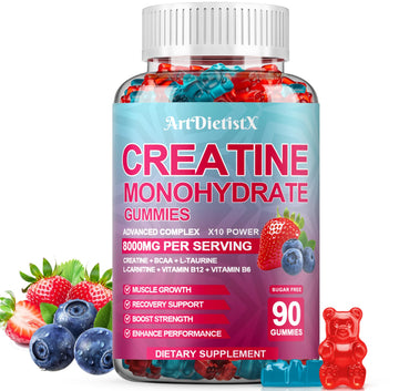 Creatine Monohydrate 8000mg Gummies with BCAA, L-Carnitine, Taurine & Vitamin B12 - Pre Workout Supplement for Muscle Growth, Strength & Energy, Multi-Flavor Chewable Gummies, 90 Count for Men & Women ArtDietistX Au supplements