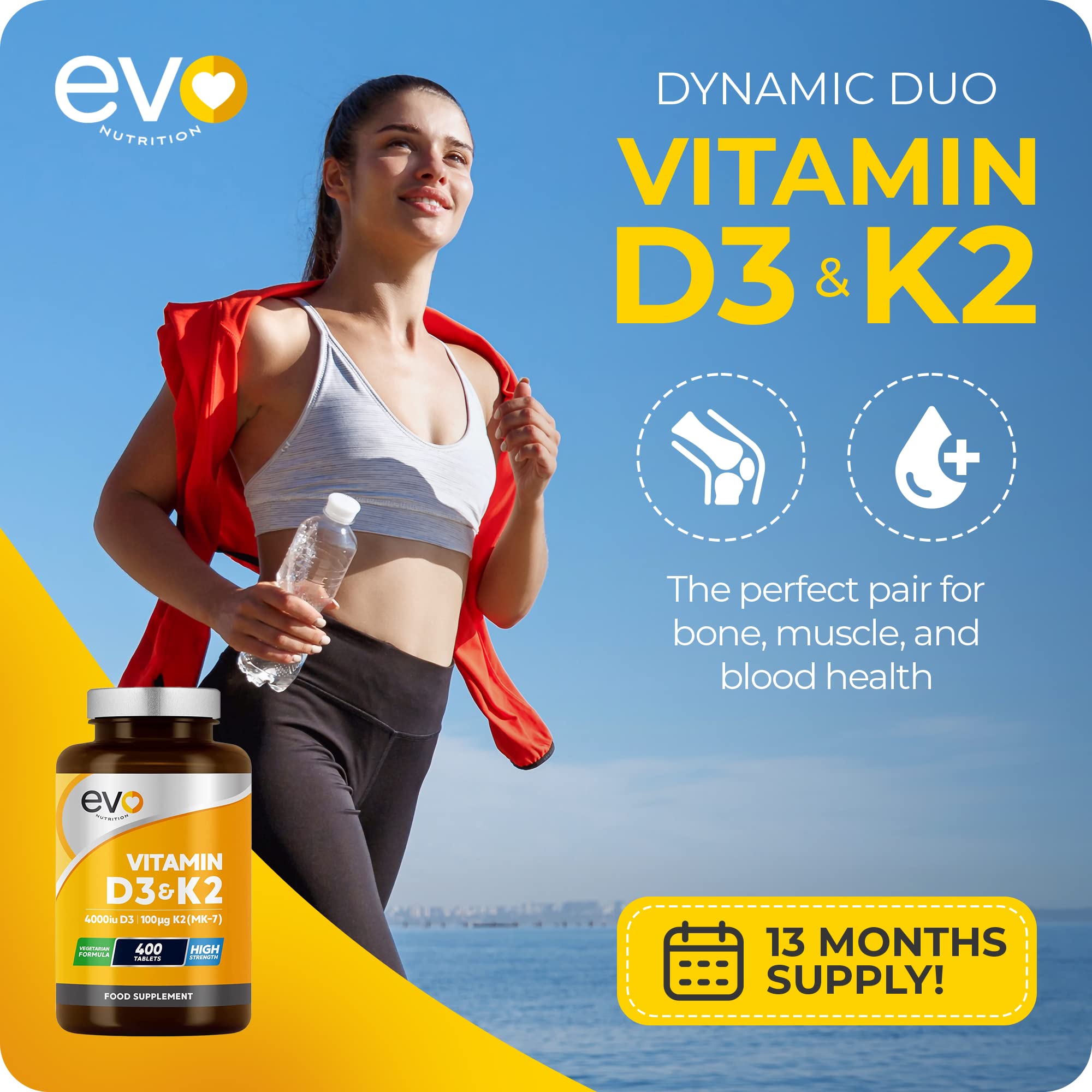 Vitamin D3 4000iu & Vitamin K2 100ug MK7 | 400 Vegetarian Tablets - 1 Year Supply EVO NUTRITION Au supplements
