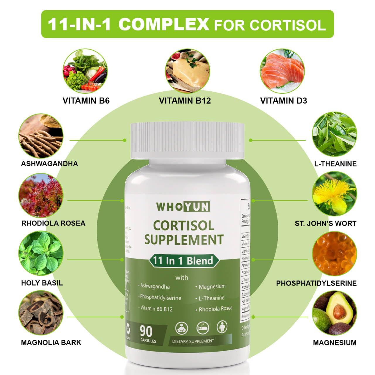 Whoyun Cortisol Supplement for Women, 11 in 1 Lower Cortisol Blend with Ashwagandha, Phosphatidylserine, Magnesium, L-Theanine, Vegan, 90 Capsules Whoyun Au supplements