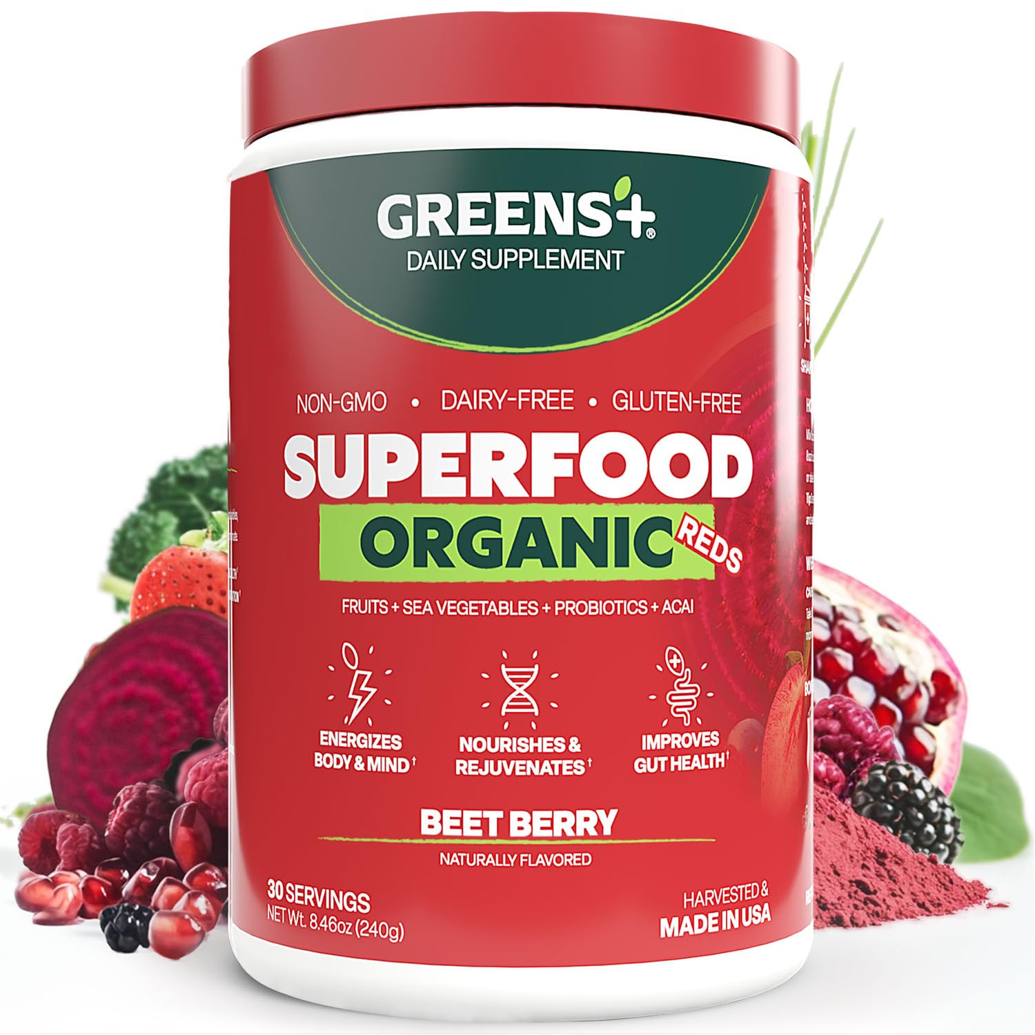 Greens+ Organic Reds Superfood Powder, Antioxidant, Polyphenol, Blend for Morning Kick, Energy, Vitality Boost, Nutrition, Vibrant Health, Vegan Soy/Dairy/Gluten Free(8.46oz) Greens+ Au supplements