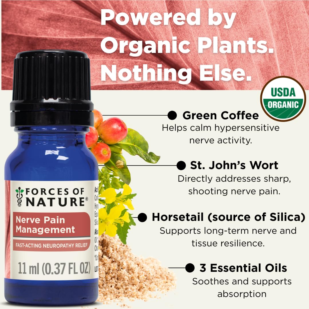 Forces of Nature Nerve Pain Management, Organic Topical Relief for Neuropathy & Nerve Discomfort, Homeopathic Medicine Supports Relief from Shooting Pains for Back, Hands, Legs and Feet, .37 fl oz Forces of Nature Au supplements
