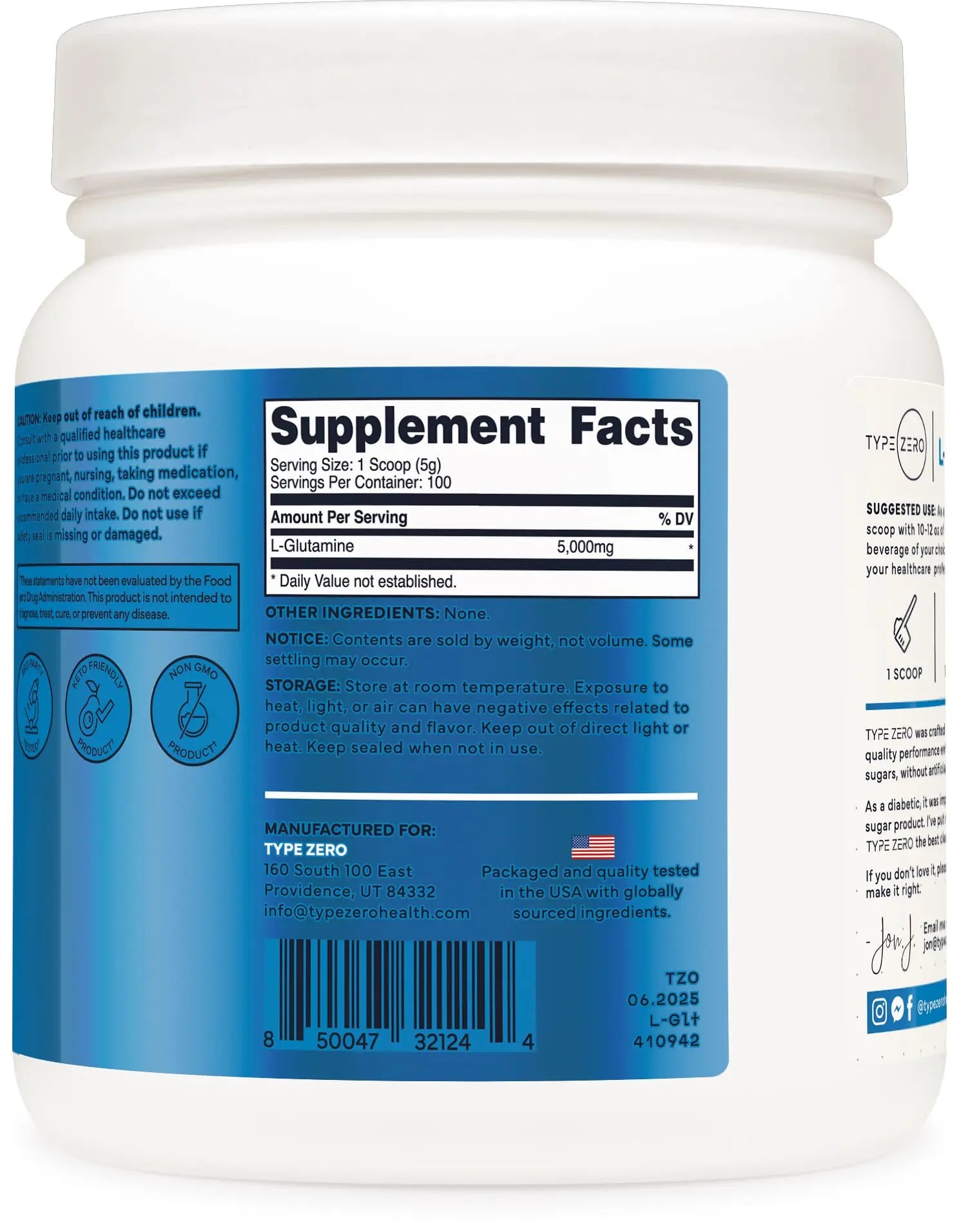 Type Zero L-Glutamine Powder (500G) 3-Month Supply Pure L-Glutamine Supplement - Vegan, Gluten Free, No Fillers Type Zero Au supplements