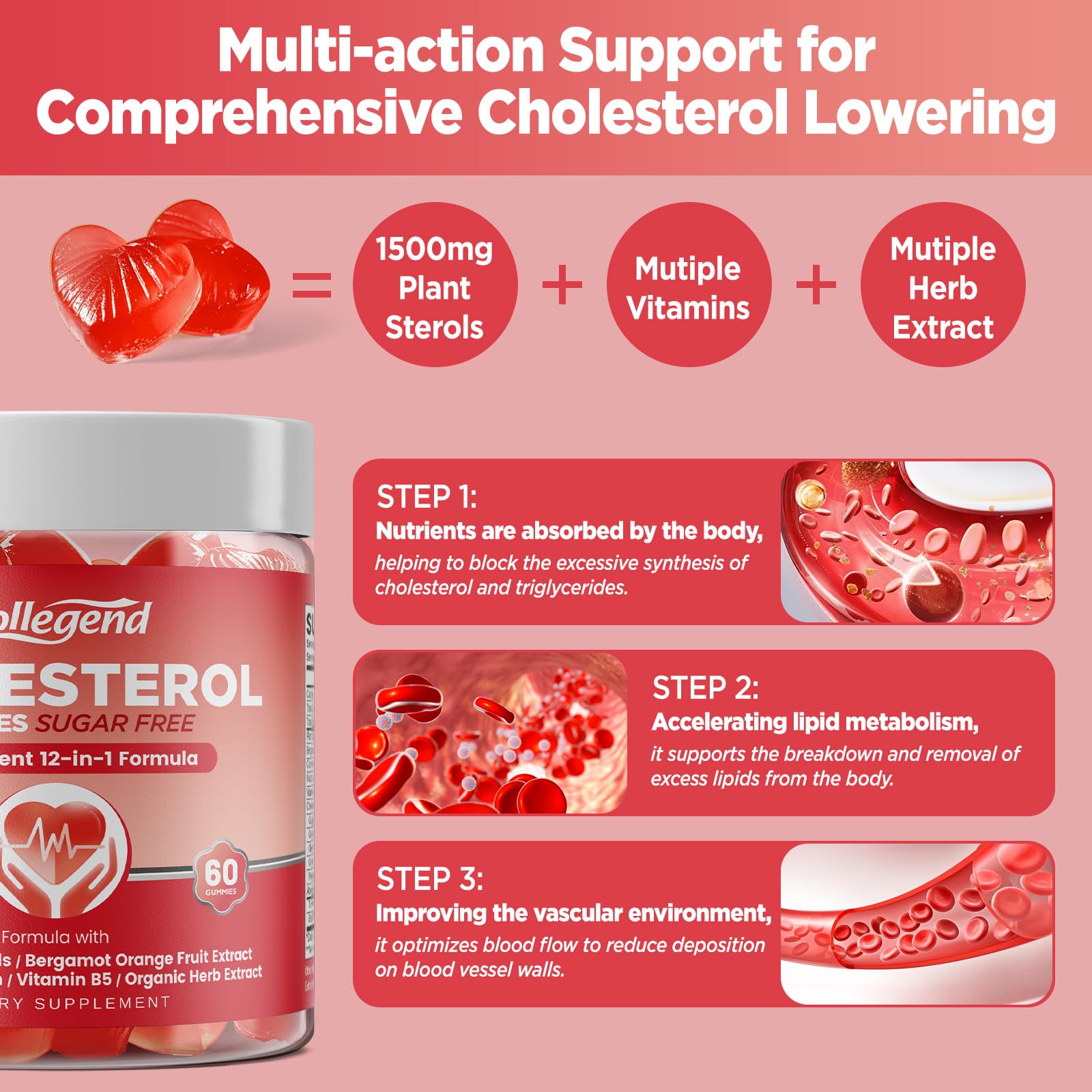 HOLLEGEND Cholesterol Gummies Sugar-Free,12-in-1 Cholesterol Supplements with Plant Sterols,Citrus Bergamot,CoQ10 and Vitamins for Cholesterol Health, Vegan, Mixed Berry Flavor, 60 Counts HOLLEGEND Au supplements