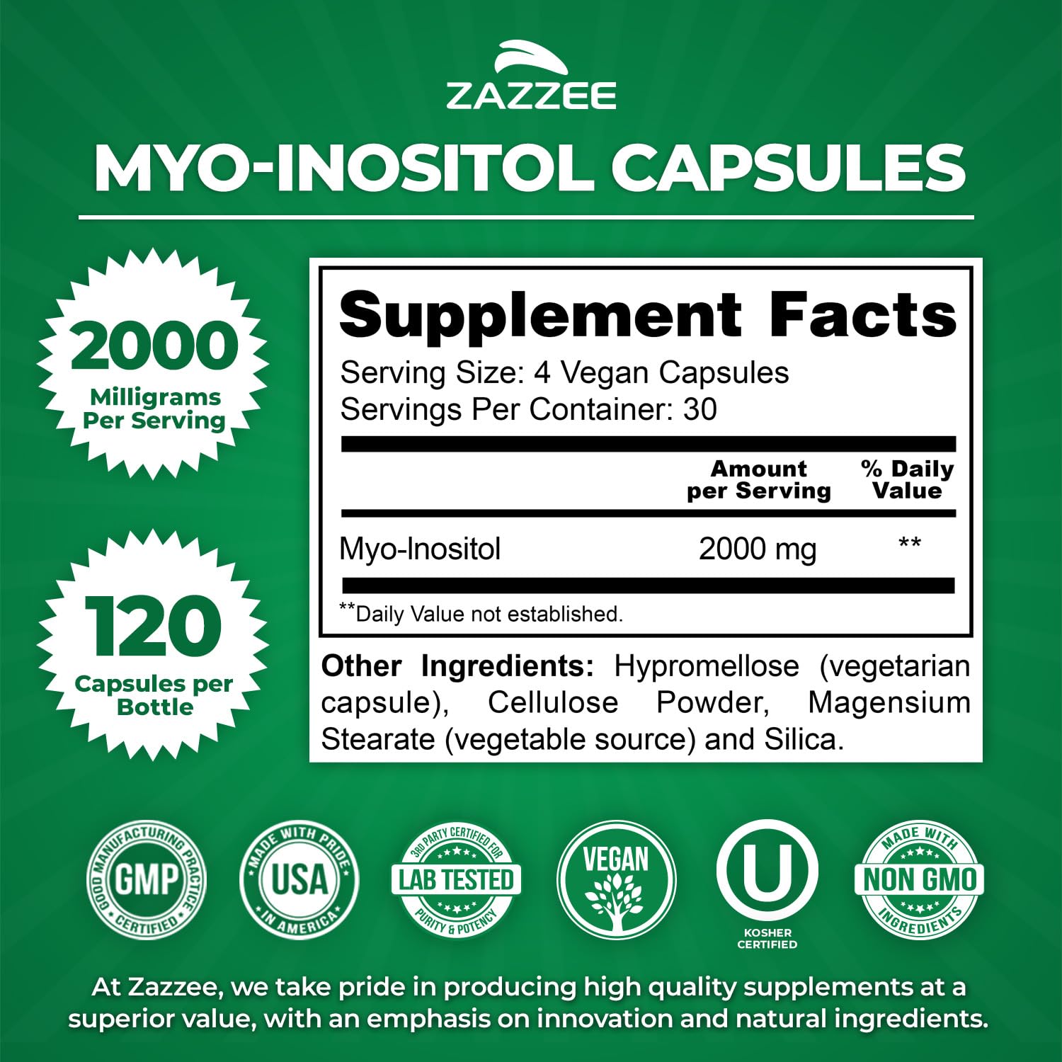 Zazzee Myo-Inositol Capsules, 2000 mg per Serving, 120 Vegan Capsules, Ideal Dosage for 40:1 Ratio, Certified Kosher, Hormone Balance & Healthy Ovarian Function Support, Non-GMO, Made in The USA Zazzee Au supplements