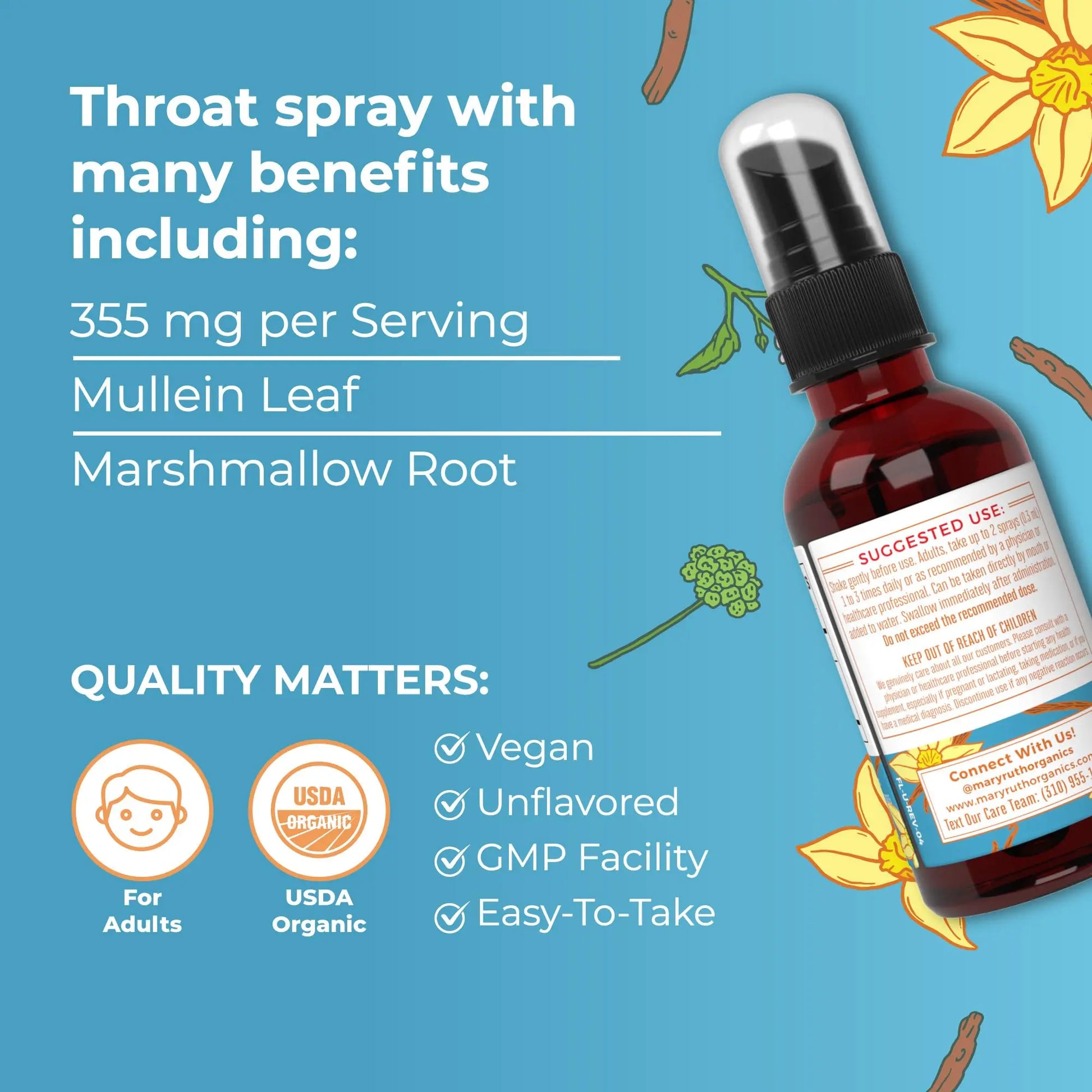 MaryRuth Organics USDA Organic Throat Spray with Mullein Leaf | Marshmallow Root & Licorice Root & Thyme Leaf | Vanilla | 4 Herbal Blend | Non-GMO | Vegan | Gluten Free | 1 Fl Oz | Up to 100 Servings MARYRUTH'S Au supplements