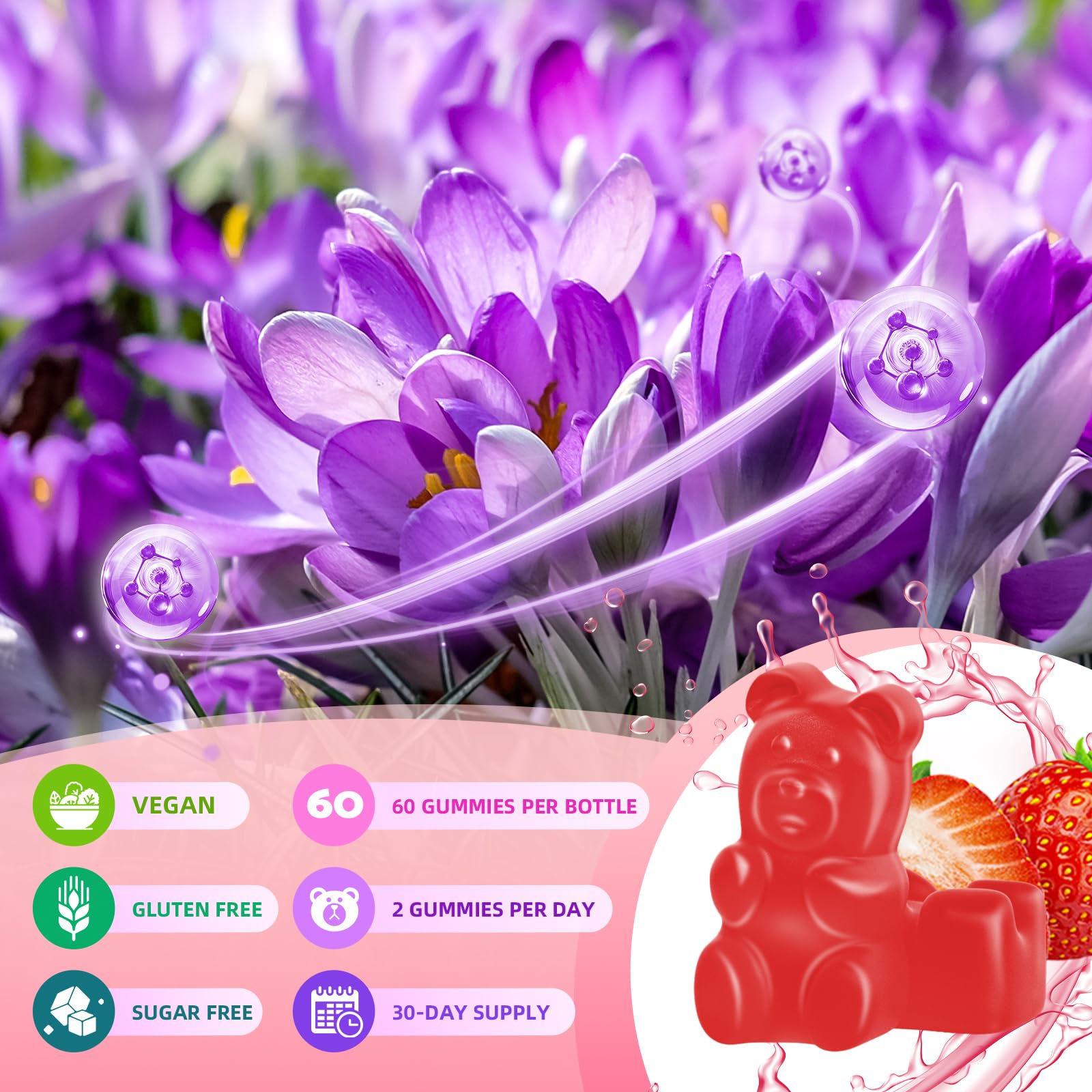 Saffron Gummies for Adult Kids, 10-IN-1 Formula with Saffron 88.5mg, Vitamins D3 & B6, Magnesium, Zinc, Ashwagandha, L-Theanine, St. John's Wort - Supports Mood & Focus, Strawberry Flavor, 60 Count BVIVLOO Au supplements