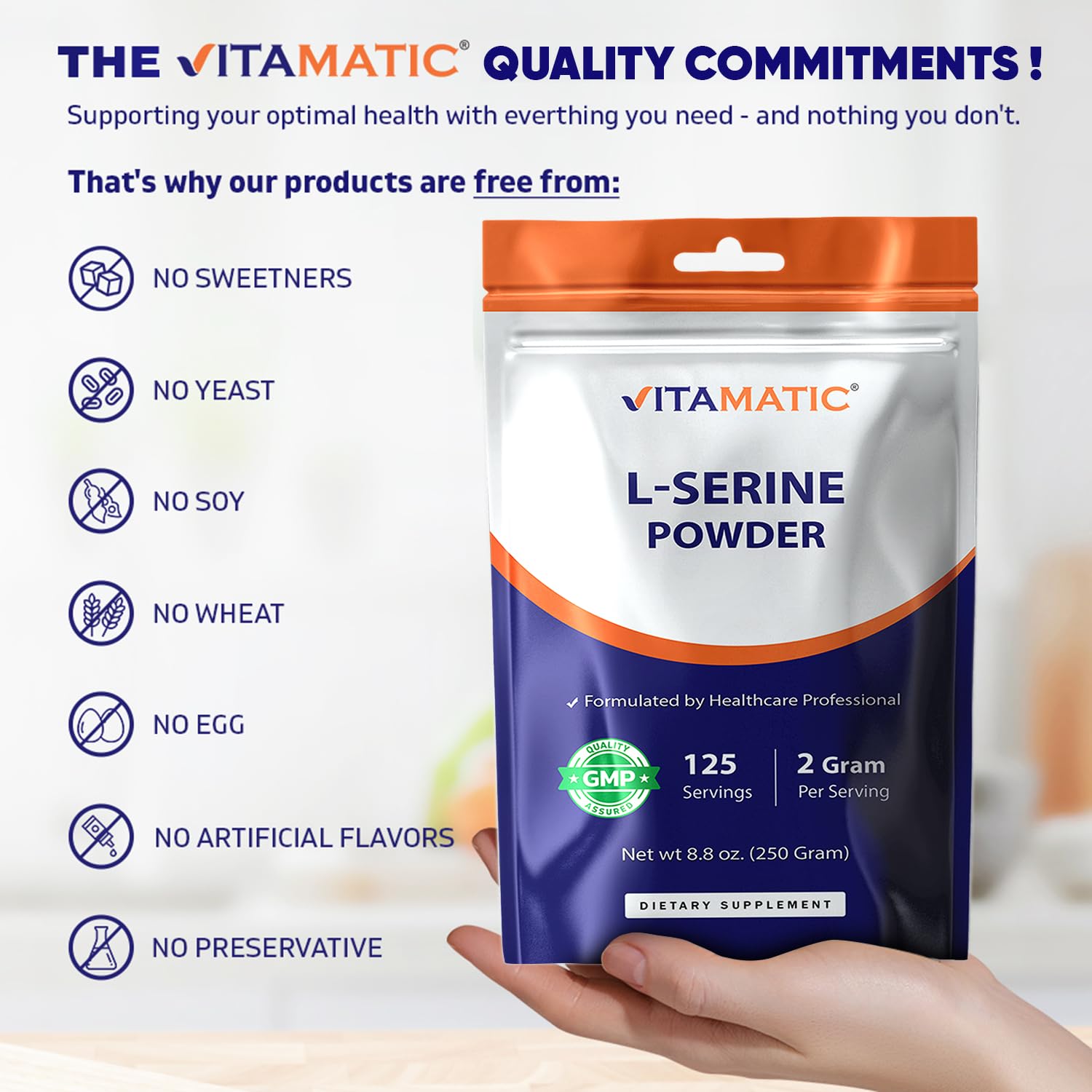Vitamatic L-Serine Pure Powder 250 Gram | 2000 mg per Serving | 125 Servings | Unflavored | No Additives | Free of Soy, Eggs, Fish & Artificial Ingredients Vitamatic Au supplements
