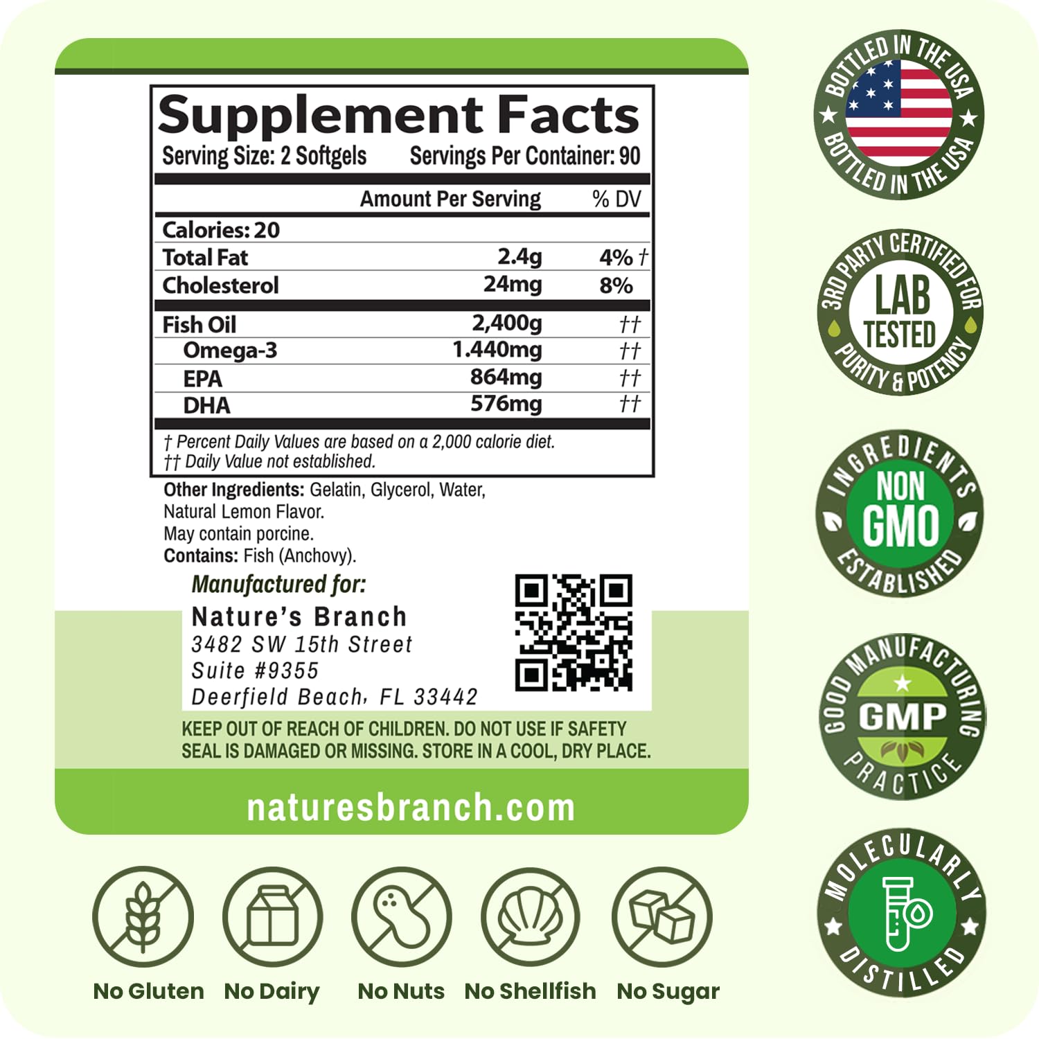 Triple Strength Omega 3 Fish Oil Supplements 2400mg | 180 Capsules, Burpless High Potency Lemon Flavor, High EPA DHA for Men & Women Ultra Pure Softgels | Joint Support, Eyes, Heart Brain Health Pills NATURE'S BRANCH Au supplements