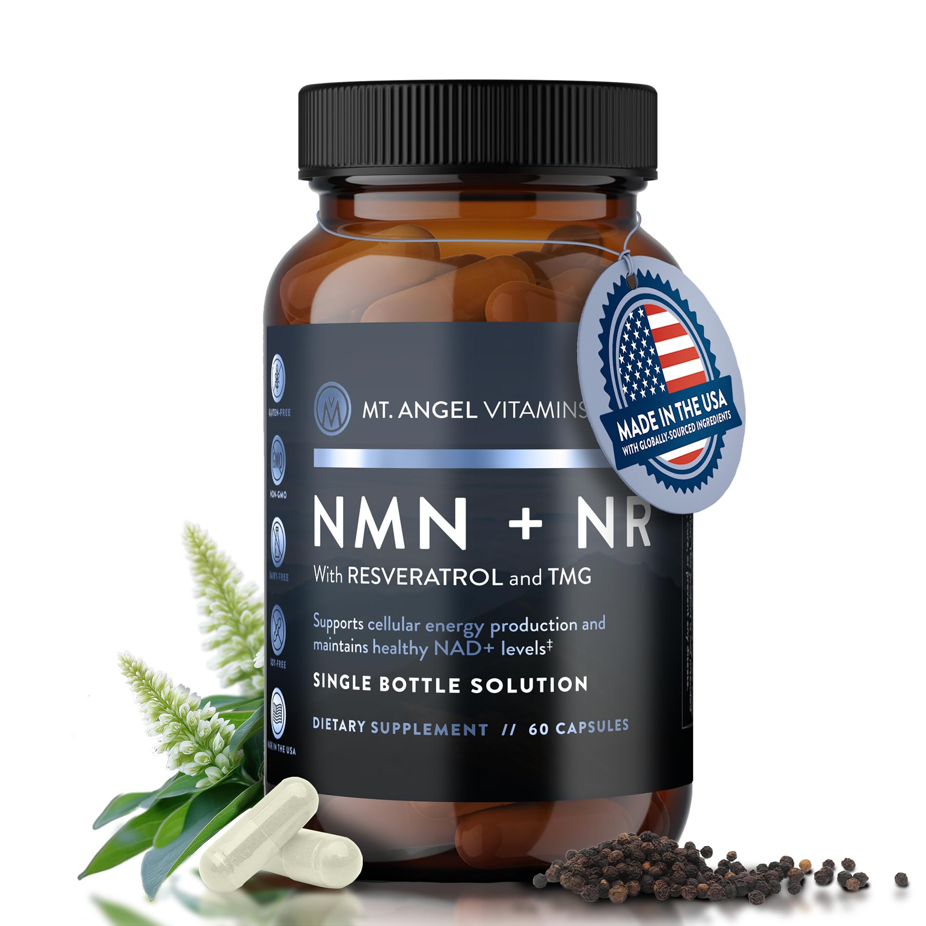 Mt. Angel Vitamins NMN Supplement + NR with Resveratrol & TMG, Dual NAD+ Precursors for Cellular Energy & Healthy Aging, 60 Capsules Mt. Angel Vitamins Au supplements