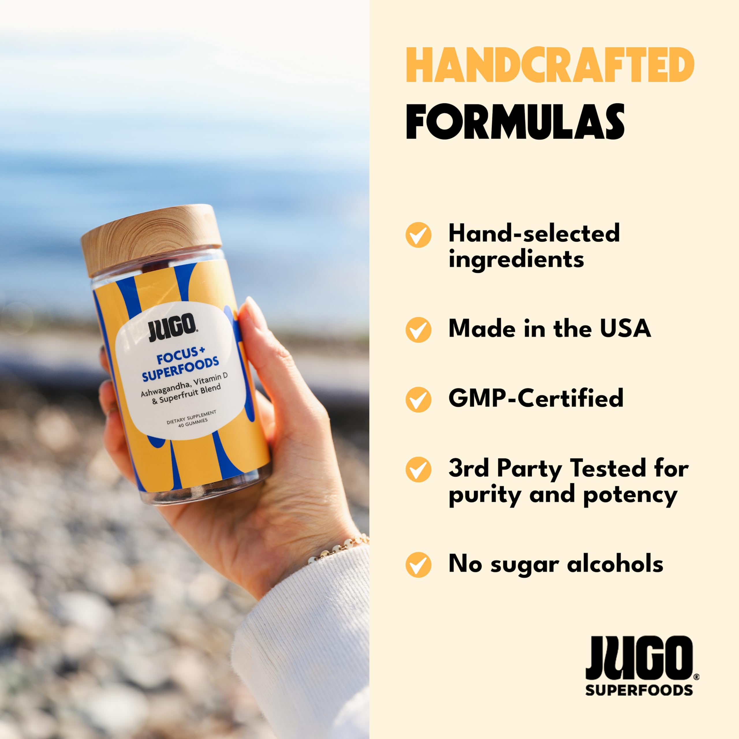 JUGO Focus + SUPERFOODS Ashwagandha Gummies with Vitamin D3 & Superfruit Blend, Vegetarian-Friendly Focus Supplement with Adaptogens, Gelatin-Free and Gluten-Free, Non-GMO, Made in USA, 40 Coun JUGO LLC Au supplements
