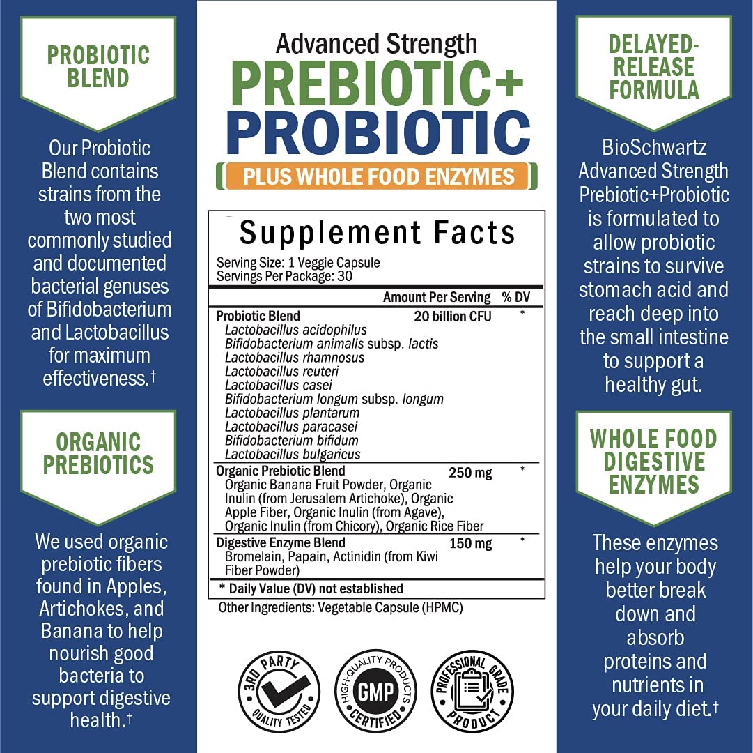Probiotic & Prebiotic Digestive Health Capsules - 30ct, Gluten & Dairy Free, Non-GMO BioSchwartz Au supplements