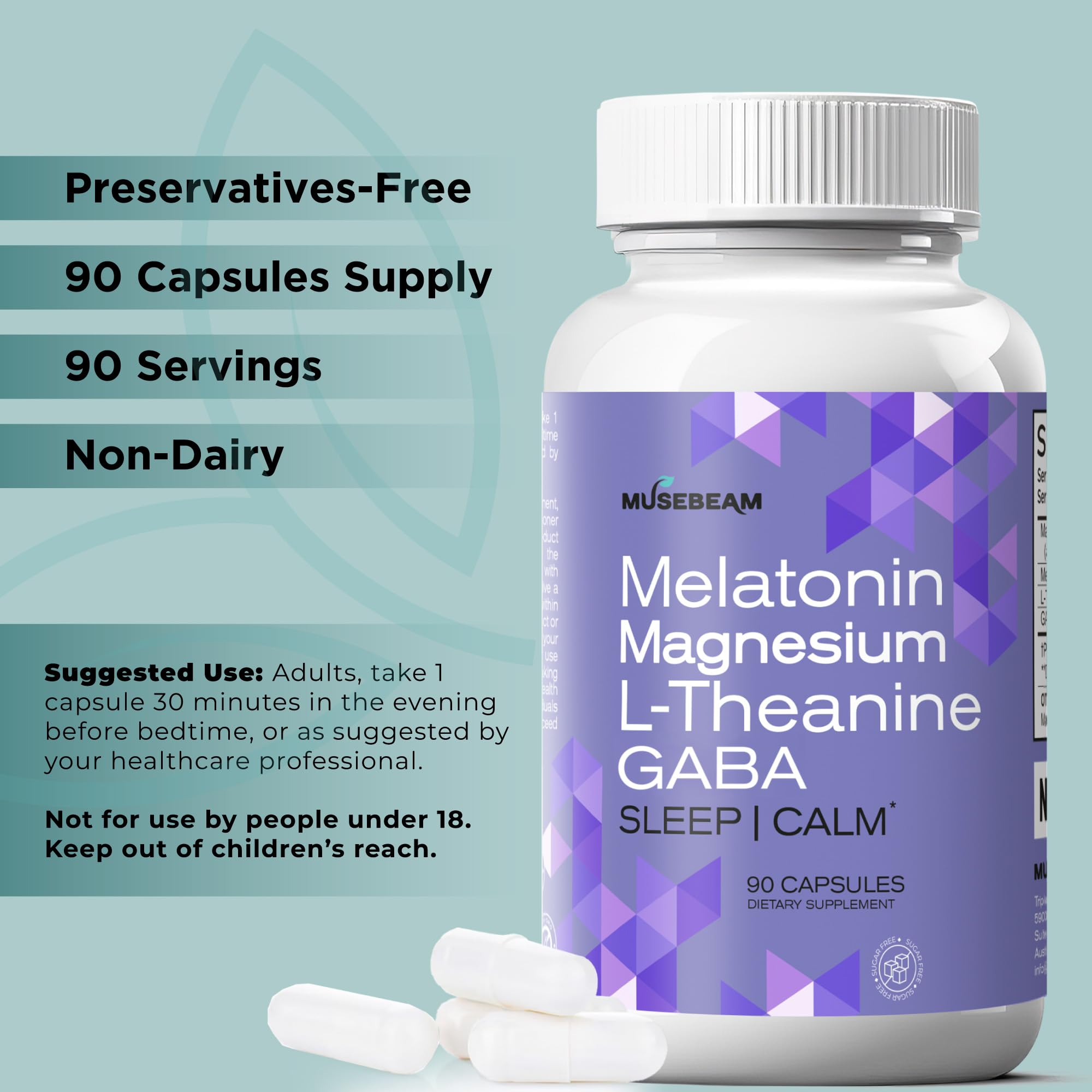 MuseBeam Magnesium Glycinate 275mg Melatonin 5mg L-Theanine 200mg GABA 100mg Capsules - Full Rest Nighttime Bedtime Support Supplement for Men Women - Vegan Sugar-Free Gluten-Free musebeam Au supplements