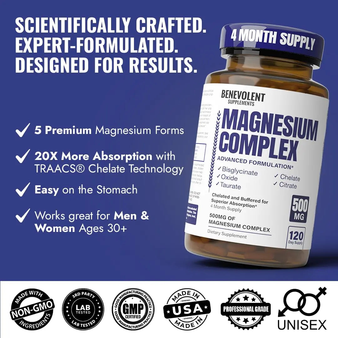 Magnesium Complex Supplement, 4 Month Supply of 500mg 5-in-1 Bisglycinate, Oxide, Taurate, Aspartate, Citrate, Max Absorption Magnesium Supplement for Calm, Sleep & Leg Cramps, 120 Capsule Benevolent Nourishment Au supplements