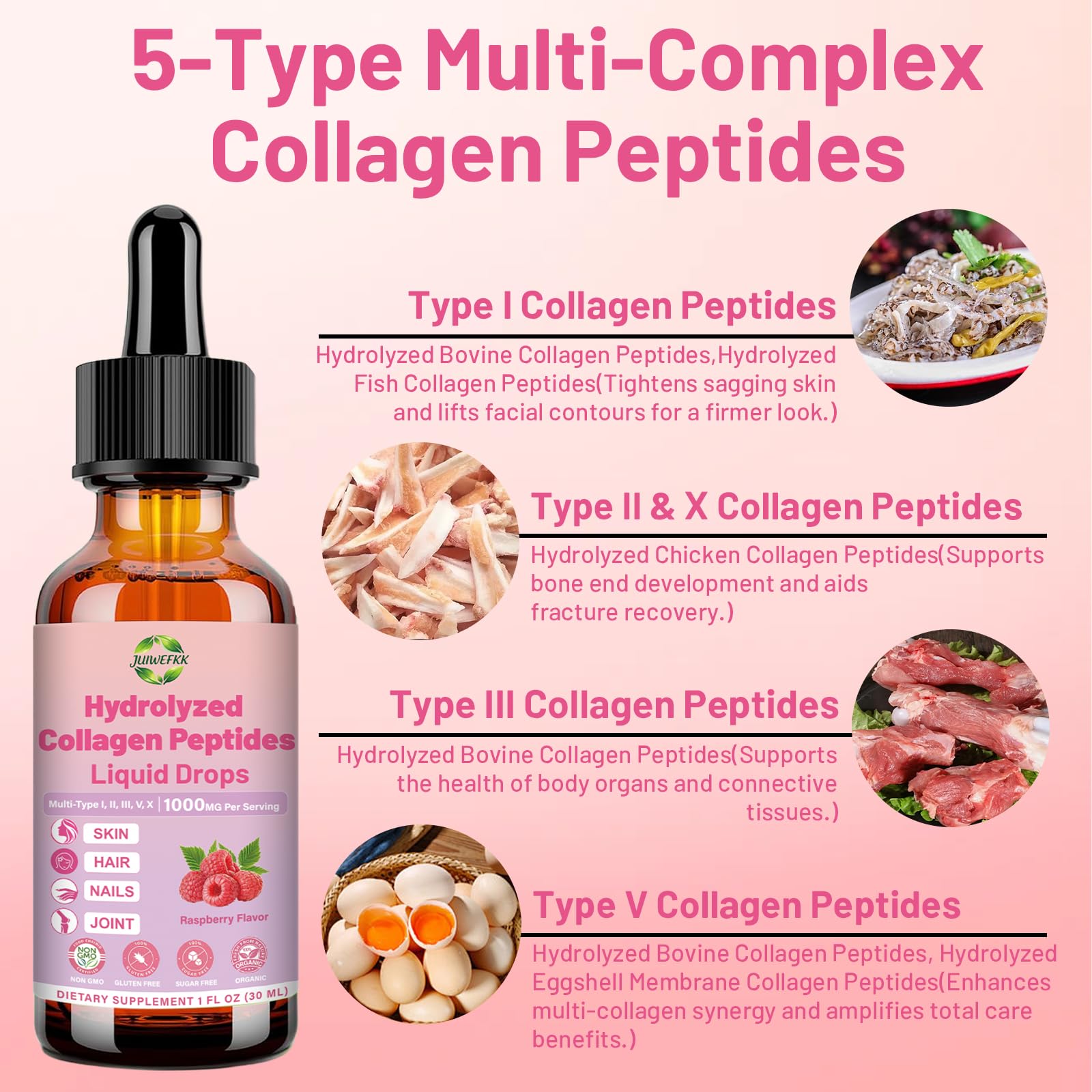 JUIWEFKK Hydrolyzed Collagen Peptides Liquid Organic Collagen Complex w. Biotin, Vitamin C & Hyaluronic Acid, Liquid Collagen Types I, II, III, IV, V for Hair, Skin, Nails & Joint Healthd JUIWEFKK Au supplements
