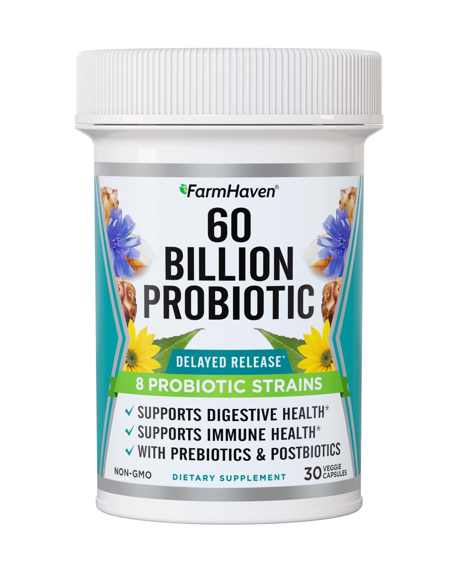 FarmHaven 60 Billion CFU Probiotic - 8 Probiotic Strains - Prebiotics & Postbiotics - Supports Digestive & Immune Health - Delayed Release - Shelf Stable - Non-GMO, Gluten Free - 30 Caps FarmHaven Au supplements