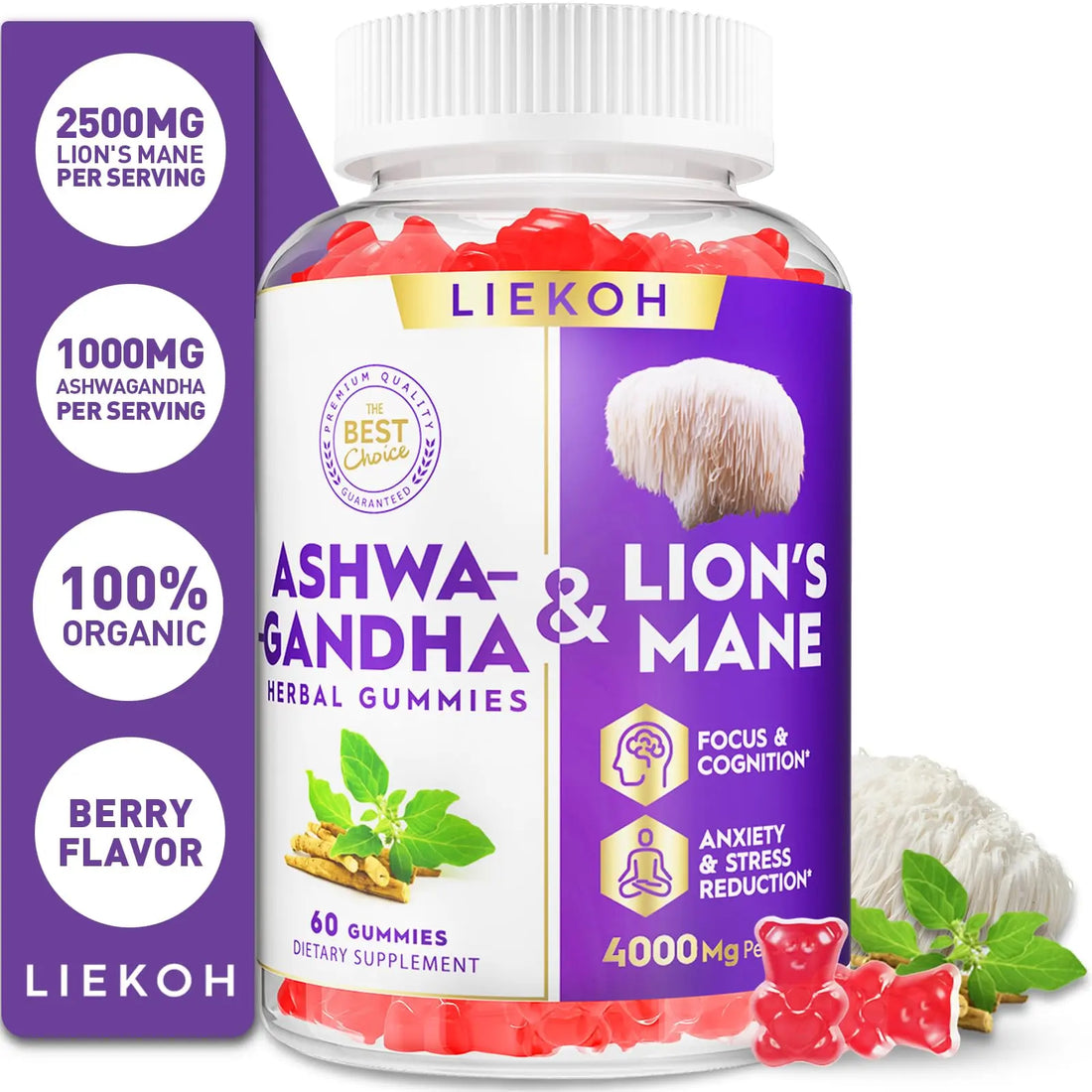 Ashwagandha Gummies - Organic Ashwagandha & Lions Mane Gummies for Adults with 4 Adaptogenic Herb for Stress, Cognitive & Immune Support| Cortisol Supplements for Women & Men, Berry Flavor - 60 Counts Liekoh uk supplements
