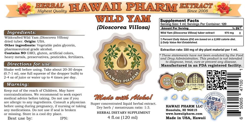 Wild Yam Liquid Extract, Wild Yam (Dioscorea Villosa) Tincture 4x4 oz HawaiiPharm Au supplements