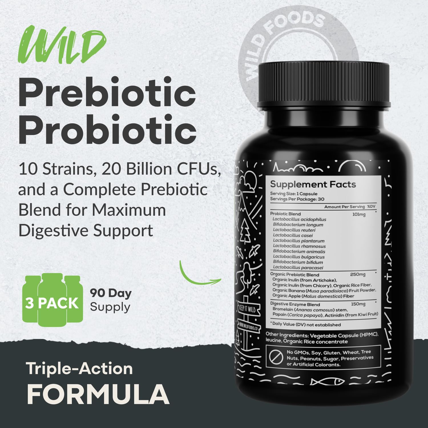 Wild Prebiotics and Probiotics with Digestive Enzymes | 20 Billion CFU - 10 Strains for Women & Men | Support Gut Health & Digestion Supplements | Non-GMO Prebiotic Fiber | 30 Capsules Wild Foods Au supplements