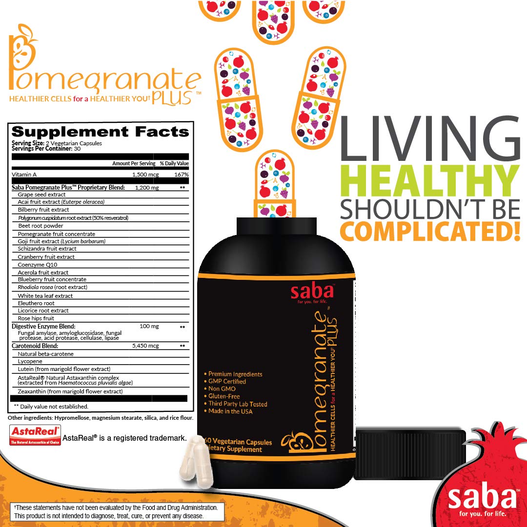 Saba Pomegranate Plus – Antioxidant Supplement with Astaxanthin & Adaptogens | Immune, Skin, Heart & Brain Support | Daily Stress & Cellular Wellness | 60 Capsules Saba Au supplements
