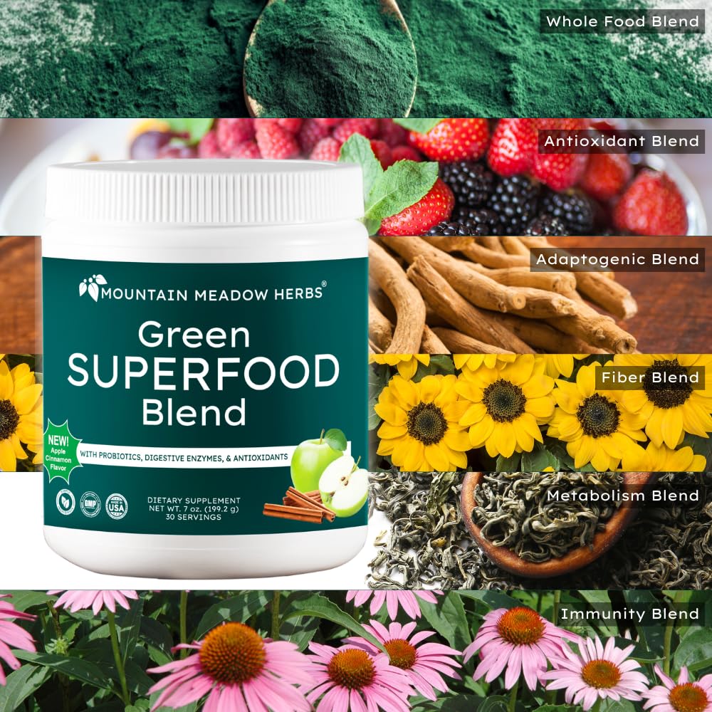 Mountain Meadow Herbs Green Superfood Blend – Spirulina, Chlorella, Mushrooms, Probiotics, Digestive Enzymes, Antioxidants – Organic Greens Powder for Energy & Gut Health – 30 Servings Mountain Meadow Herbs Au supplements
