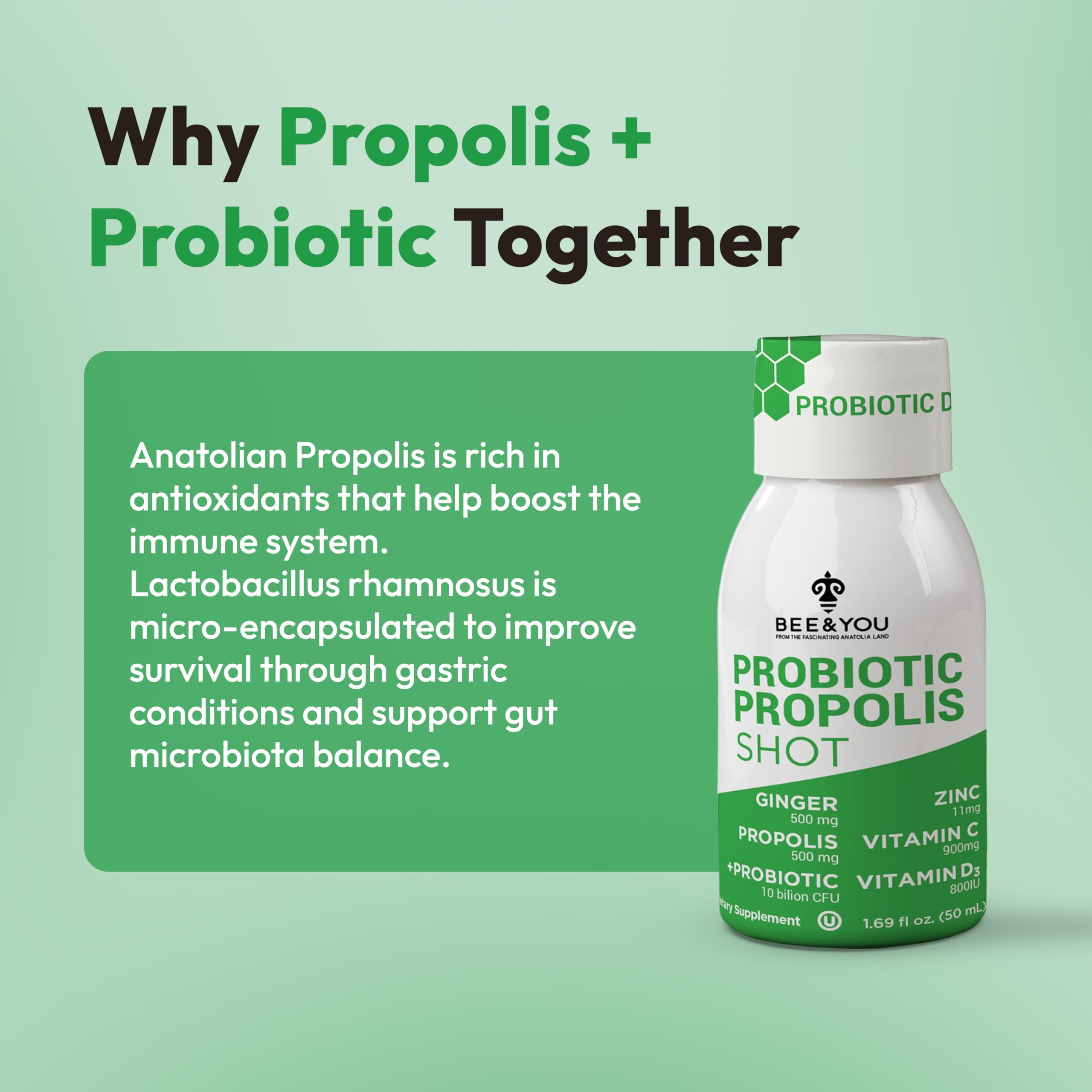 Bee and You Propolis Immune Shot, Probiotic, Vitamin C, Vitamin D3, Zinc, Ginger, Immune Support, Gut Health, Digestive Health, Bioactive 1.69 Fl. oz, 12 Pack BEE & YOU Au supplements
