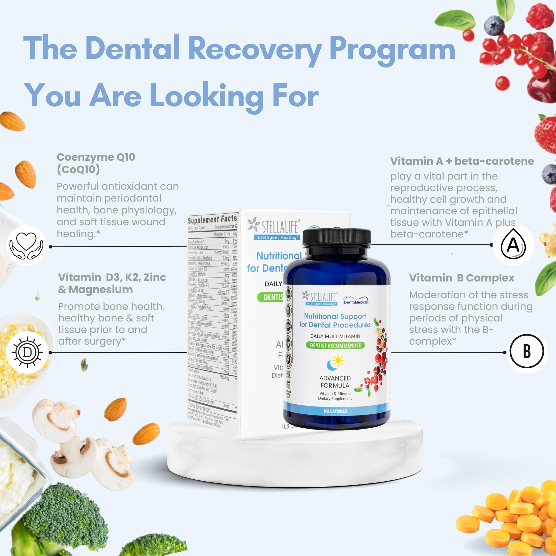 StellaLife DentaMedica Vegan Daily Multivitamin Nutritional Support for Faster Dental Surgery Recovery, VIT D3 K2 C B Zinc CoQ10 Magnesium, Healthy Bones & Gums, Non-GMO, GMP USA, 168 Capsules StellaLife Au supplements