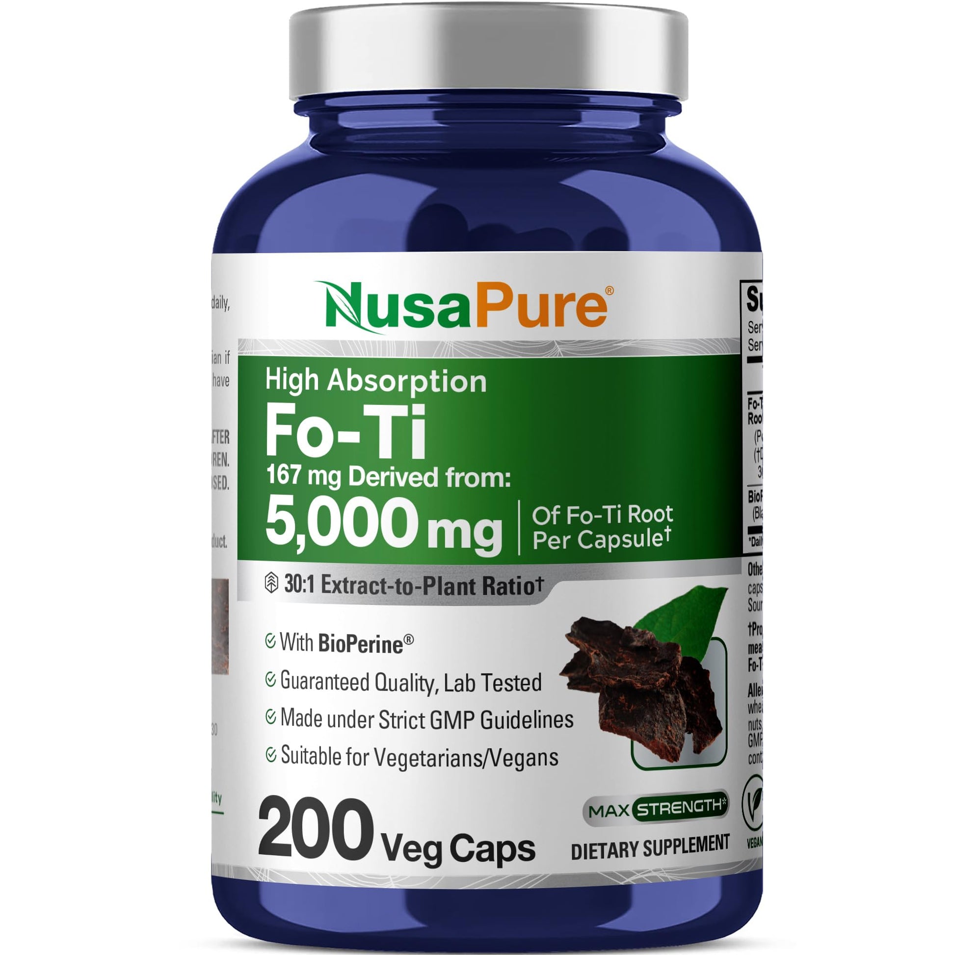 NusaPure Fo-Ti 30:1 Extract, 167 mg Equivalent to 5000mg per Veg Caps, 200 Count, Non-GMO, Vegan, Bioperine NusaPure Au supplements