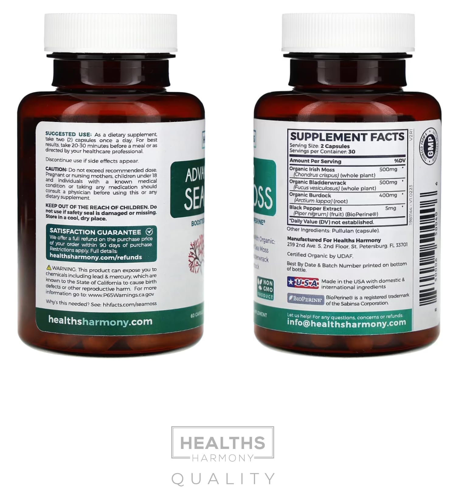 Organic Irish Sea Moss Capsules - Organic Sea Moss Capsules with Bladderwrack Burdock Root and Black Pepper Extract for Enhanced Absorption - Vegan Non-GMO & Made in the USA (1 Month Supply) Healths Harmony Au supplements