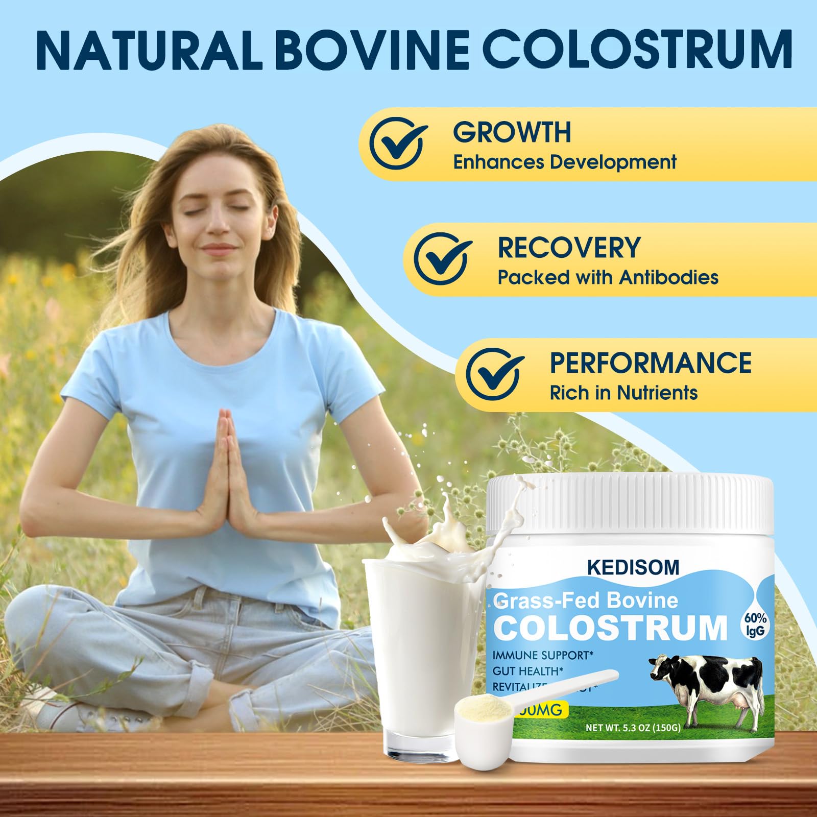 KEDISOM Grass-Fed Bovine Colostrum Supplement Powder - 60% High IgG 3000 mg for Gut Health, Immune Support - Easy to Mix Natural Liposomal Colostrum Superfood, Unflavored, 50 Servings KEDISOM Au supplements
