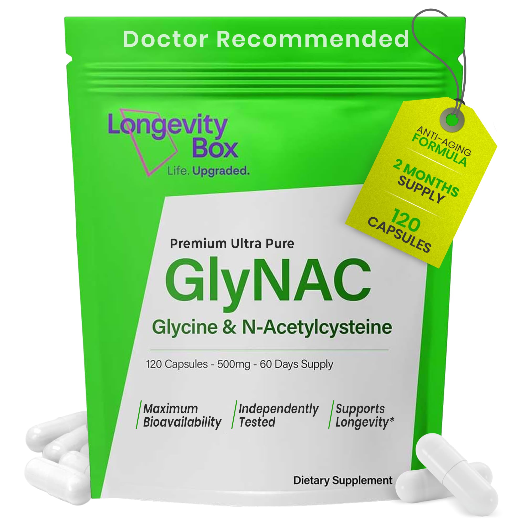 Longevity Box Ultra Pure GlyNAC Supplement 1000mg (500mg Glycine + 500mg N-Acetyl Cysteine) - Glutathione Precursor for Healthy Aging, Energy & Cellular Protection - 120 Vegan Capsules Longevity Box Au supplements