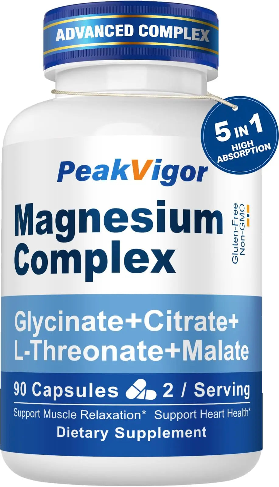 5 in 1 Magnesium Complex, 976mg Complex with Magnesium Glycinate, Citrate, Malate & L-Threonate, Vitamin B6 for High Absorption, Third Party Tested, Gluten-Free, Easy-Swallow Vegan Capsule PeakVigor Au supplements