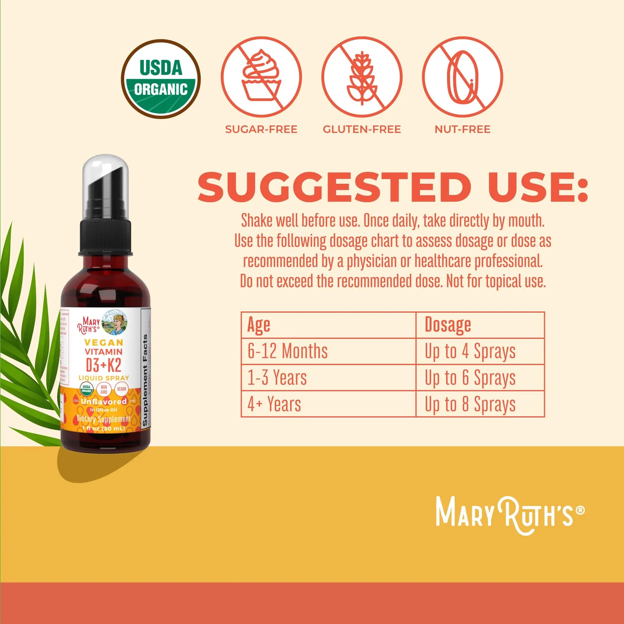 MaryRuth's Organic D3 + K2 Spray for Adults & Kids for Bone Health | Vitamin D3 as Cholecalciferol | Vitamin K2 | Immunity | Mineral Absorption | Heart Health | Vegan | Non-GMO | Gluten Free | 1 Fl Oz MARYRUTH'S Au supplements