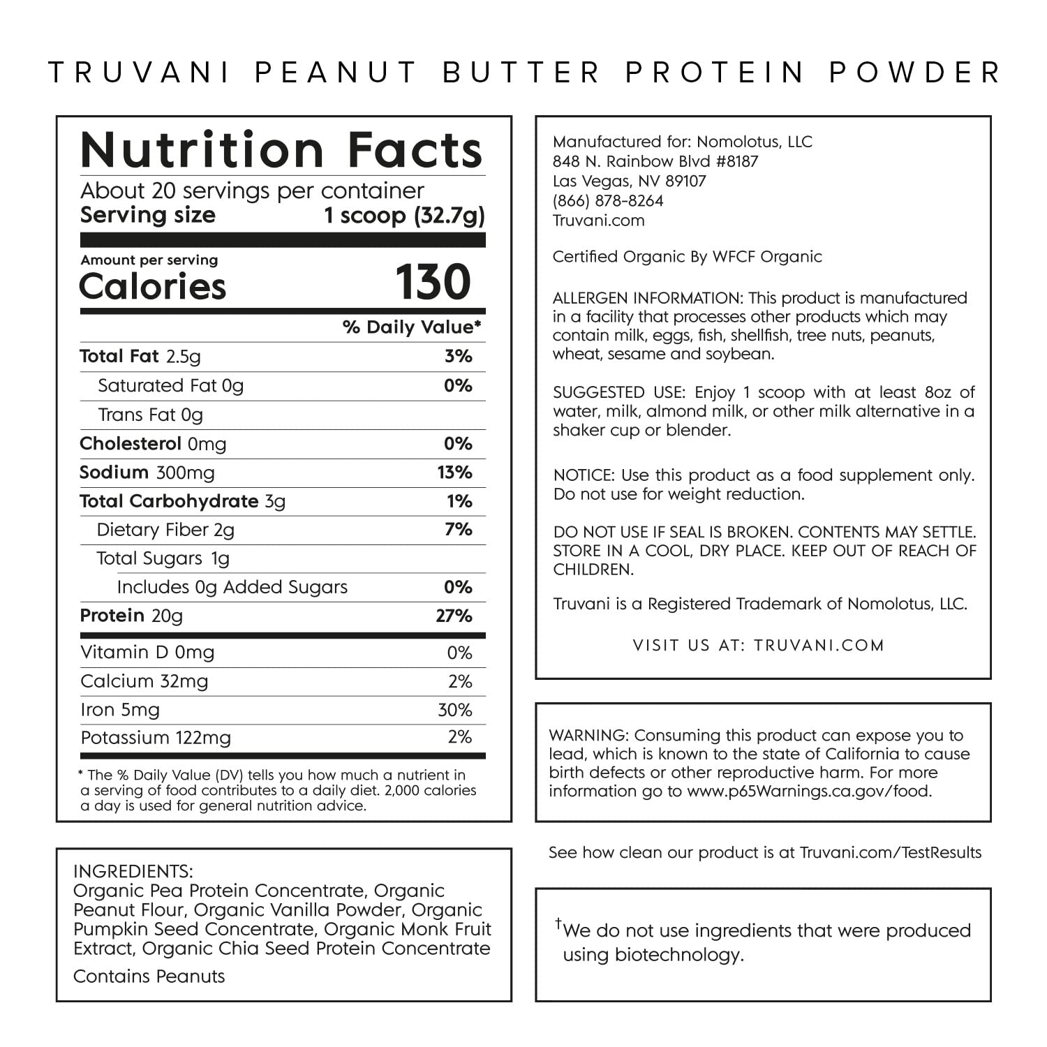 Truvani Organic Vegan Protein Powder Peanut Butter - 20g of Plant Based Protein, Powder Truvani Au supplements
