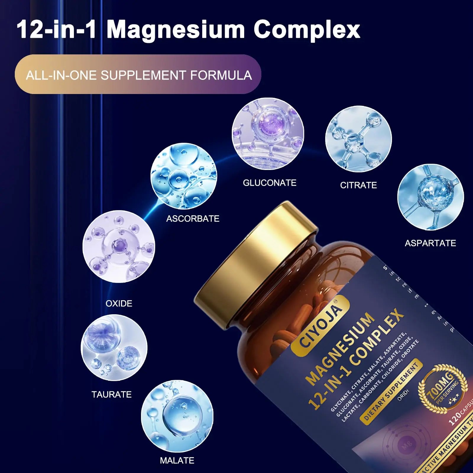 12-in-1 Magnesium Complex for Women Men: Magnesium Glycinate 700mg with Citrate, Malate Taurate Chelated Forms - High Absorption Magnesium Supplement for Relaxation Muscle Heart - 120 Vegan Capsules CIYOJA Au supplements