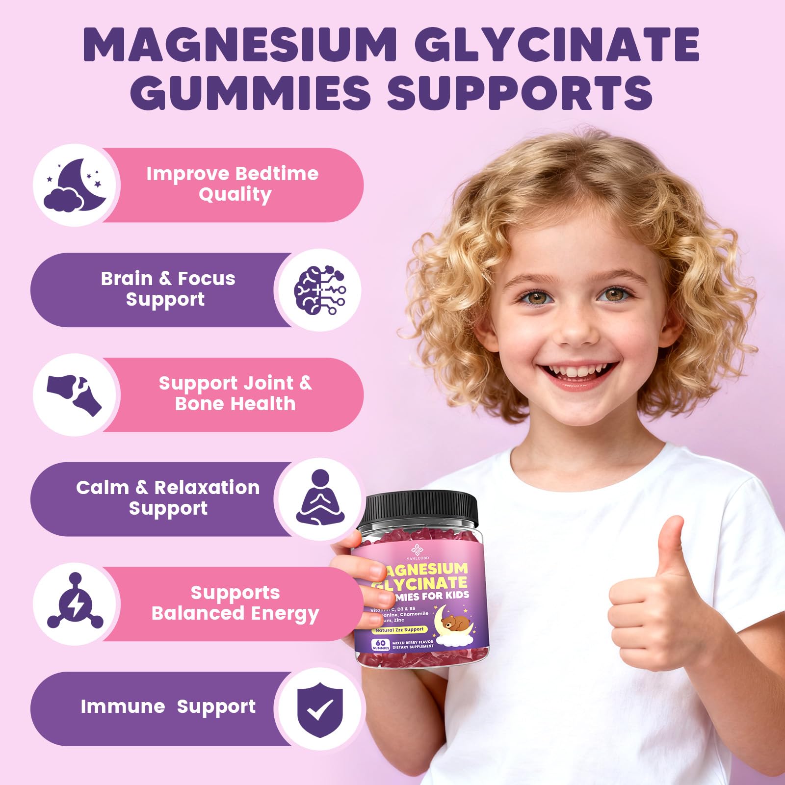 YANLUOBO Kids Magnesium Gummies, Magnesium Glycinate Gummies 400mg/200mg with L-Theanine, Chamomile, Vitamin B6, D3 for Kids, Relaxation & Zzz Support, Nerve Bone - Sugar Free Mixed Berry Flavor 60ct YANLUOBO Au supplements