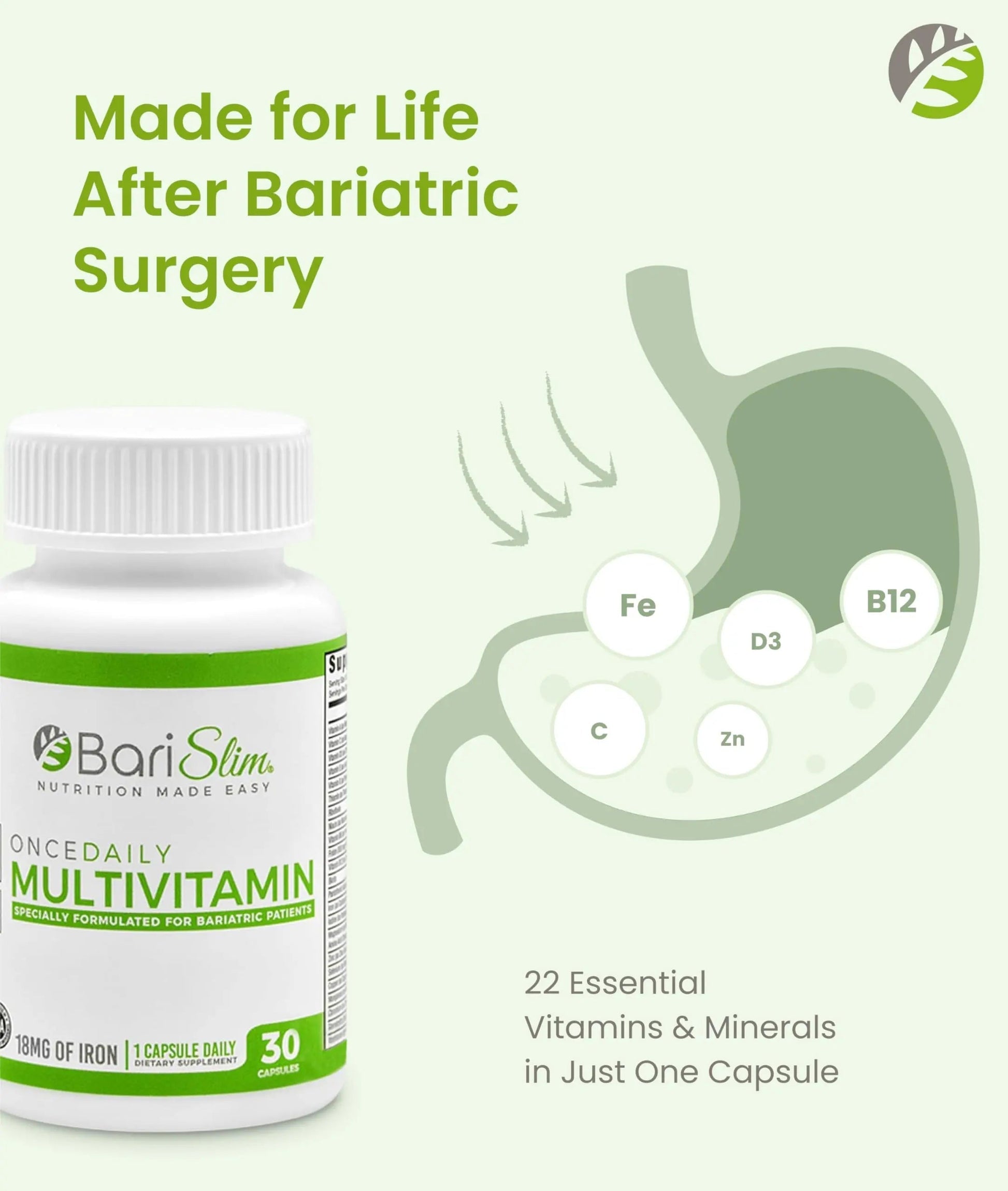 BariSlim Once Daily Bariatric Multivitamin Capsule - 18mg of Iron - Bariatric Vitamin & Supplement for Post Surgery Including Gastric Bypass BariSlim Au supplements