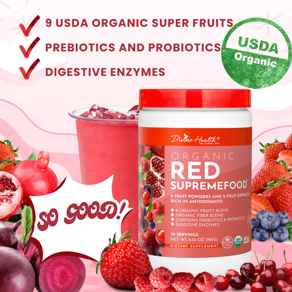 Dr. Colbert, MD Organic Red Supremefood | Berry Flavored Blend | by Divine Health | 10 Organic Fruits | Probiotics | Enzymes | Herbs | Fiber | Antioxidants | Non-GMO | 30 Day Supply | 180g Divine Health Au supplements