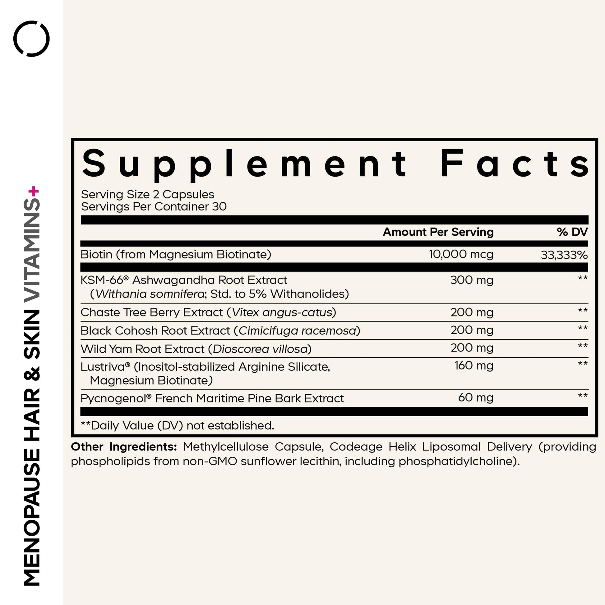 Codeage Menopause Hair & Skin Vitamins+ - Patented Lustriva, Pycnogenol, KSM-66 Ashwagandha - Hair Density Skin Perimenopause Support - Menopause Supplement - 10,000 Mcg Biotin, Wild Yam - 60 Capsules Codeage Au supplements