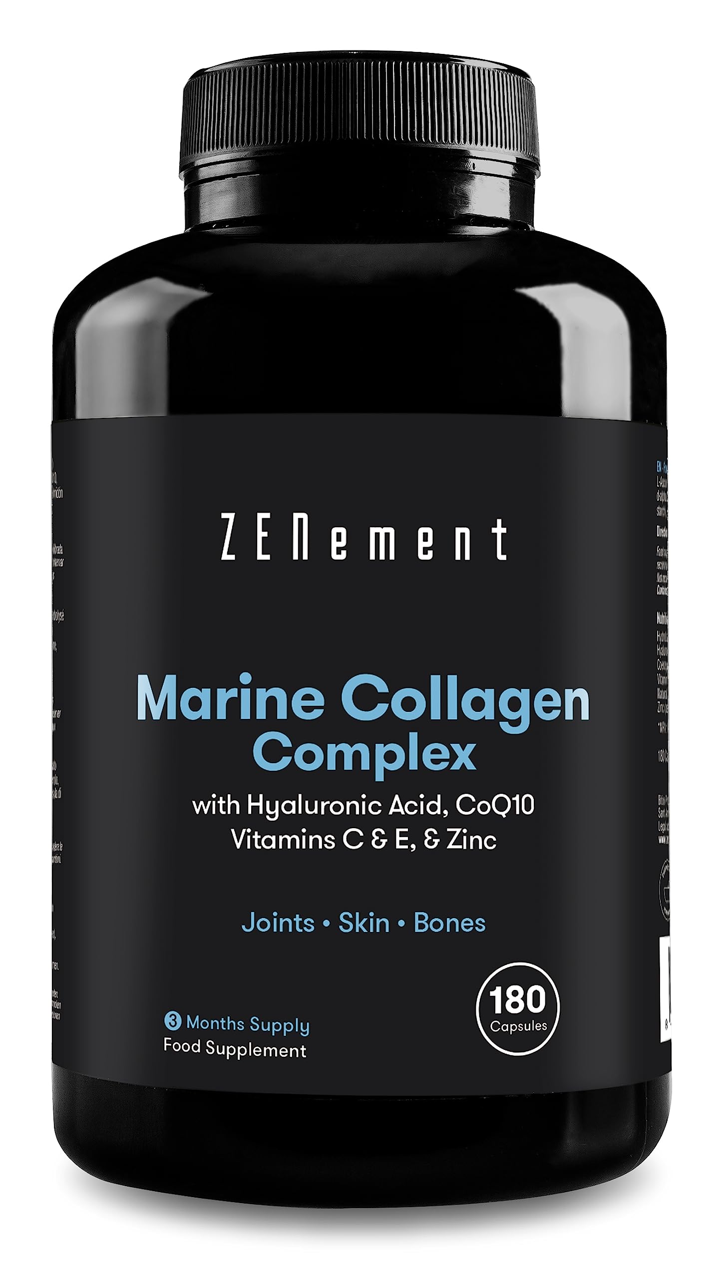 Marine Collagen Complex, with Hyaluronic Acid, CoQ10, Vitamins C & E, & Zinc, 180 Capsules Zenement Au supplements