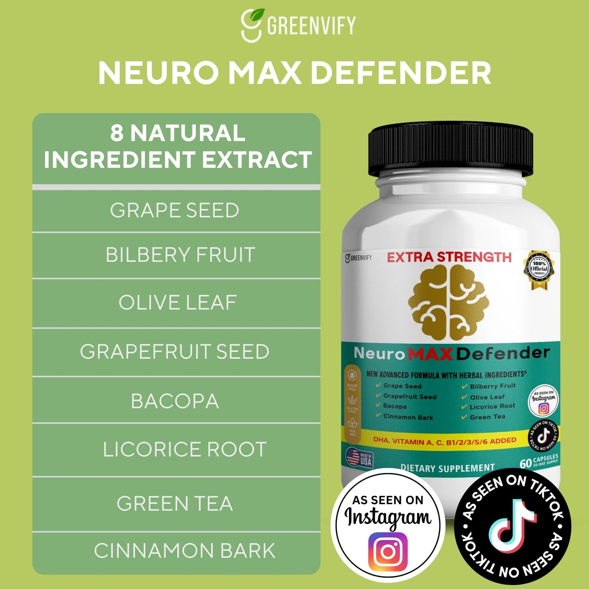 GREENVIFY NeuroMAX Defender Extra Strength Brain Support Supplement with Herbal Blend, 60 Capsules, DHA, B12, Vitamins A C D E, Selenium, 30-Day Supply (1) GREENVIFY Au supplements