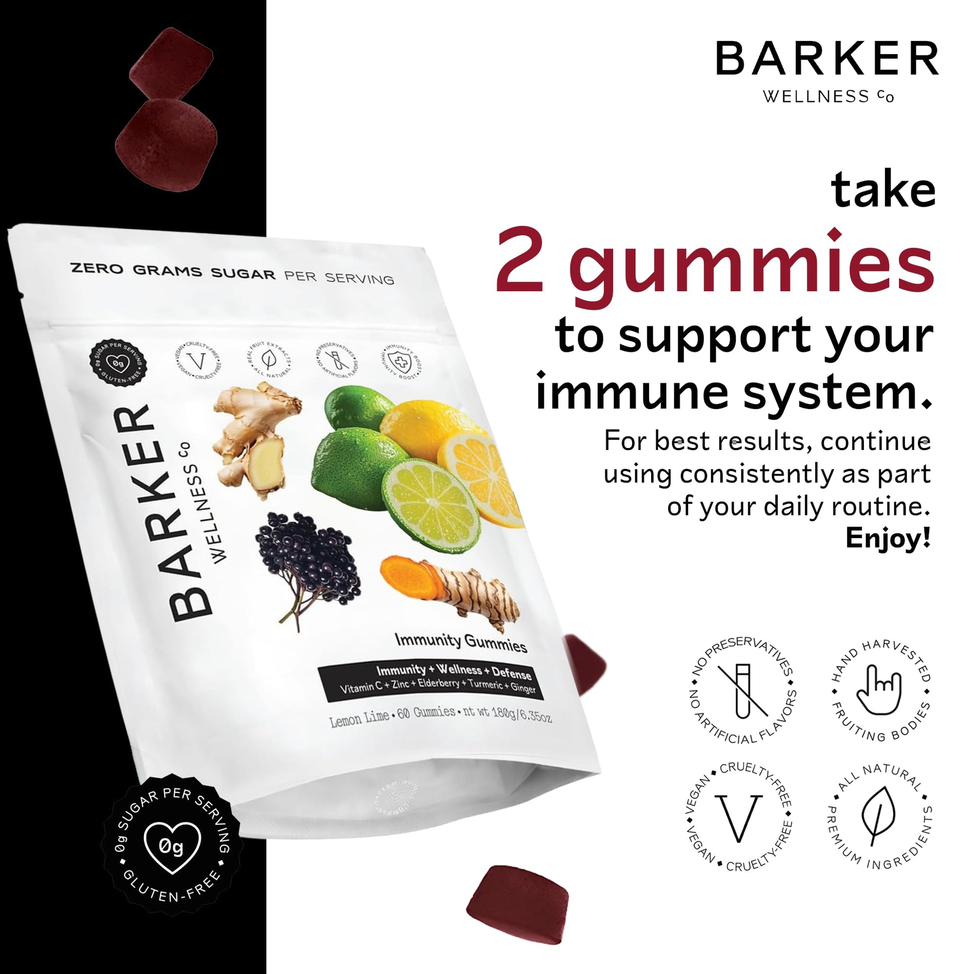 Barker Wellness Immunity Gummies with Vitamin C, Zinc, Elderberry, Turmeric & Ginger for Daily Immune Support | Vegan, Sugar-Free, Lemon-Lime Flavor | Seasonal Wellness Essentials, 60 Count Barker Wellness Co Au supplements