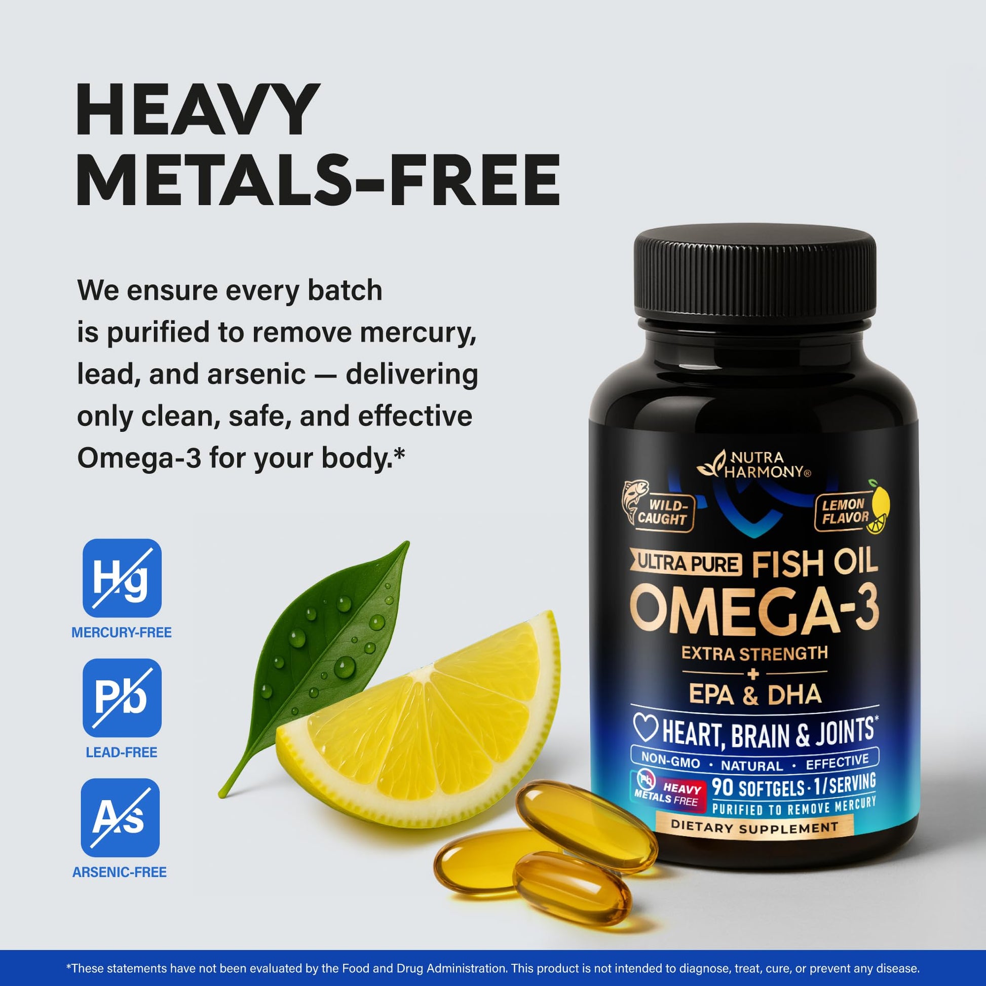 Omega 3 Fish Oil 3600 mg - Omega 3 Supplement | EPA & DHA - Heavy Metals Free - Heart, Brain & Joint Support - Purified Fish Oil for Men & Women - Lemon Flavored - Made in USA, 90 Softgels NUTRAHARMONY Au supplements