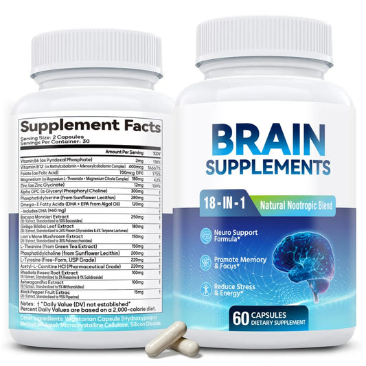 18-in-1 Brain Supplement for Memory and Focus – Nootropic Capsules with Alpha GPC, Bacopa, Ginkgo Biloba, Lion's Mane, Vitamin B6 & B12 | Cognitive Health, Mental Clarity | Vegan, Non-GMO FenolutraAU supplements