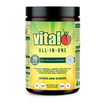 Vital All-in-One Daily Powdered Supplement - Natural Greens Superfood Powder for Energy & Health, Super Greens Powder Drink Mix with Probiotic & Antioxidant Support - Lemon & Ginger, 4.23 oz (120 g) Vital Au supplements