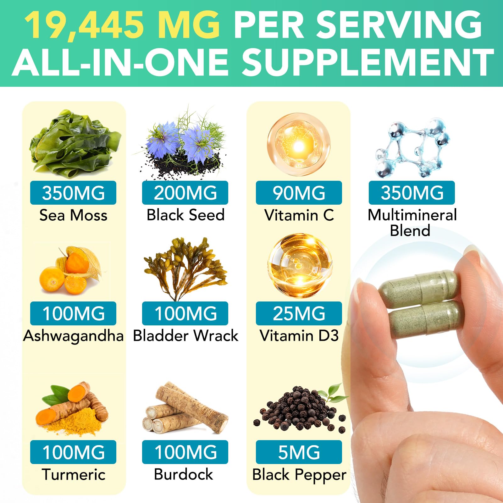 Sea Moss Black Seed Oil Ashwagandha Ginger, Sea Moss Capsule Supplement with Turmeric Burdock Root Bladderwrack Vitamin C Vitamin D3 Enhanced Immunity & Energy Black Seed Oil Capsule 60 Count HUYEHF Au supplements