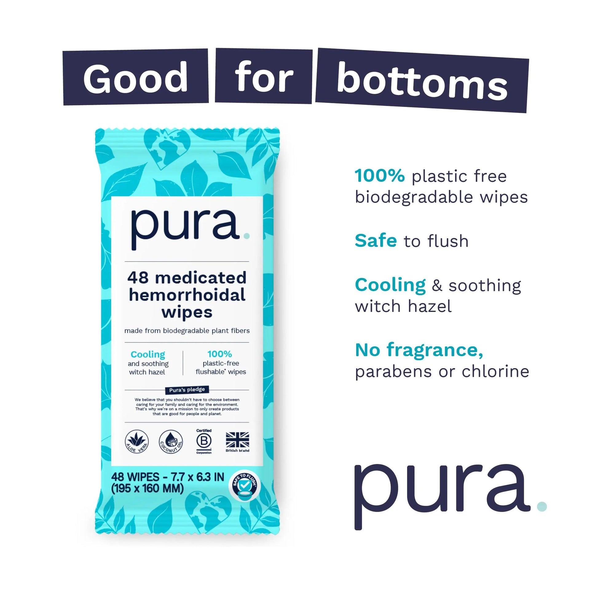 Pura Flushable Hemorrhoid Wipes XL, 48 Count, Medicated with Cooling Witch Hazel, Aloe & Coconut Oil, Fast Relief, Fragrance-Free, 100% Plastic-Free Pura Au supplements